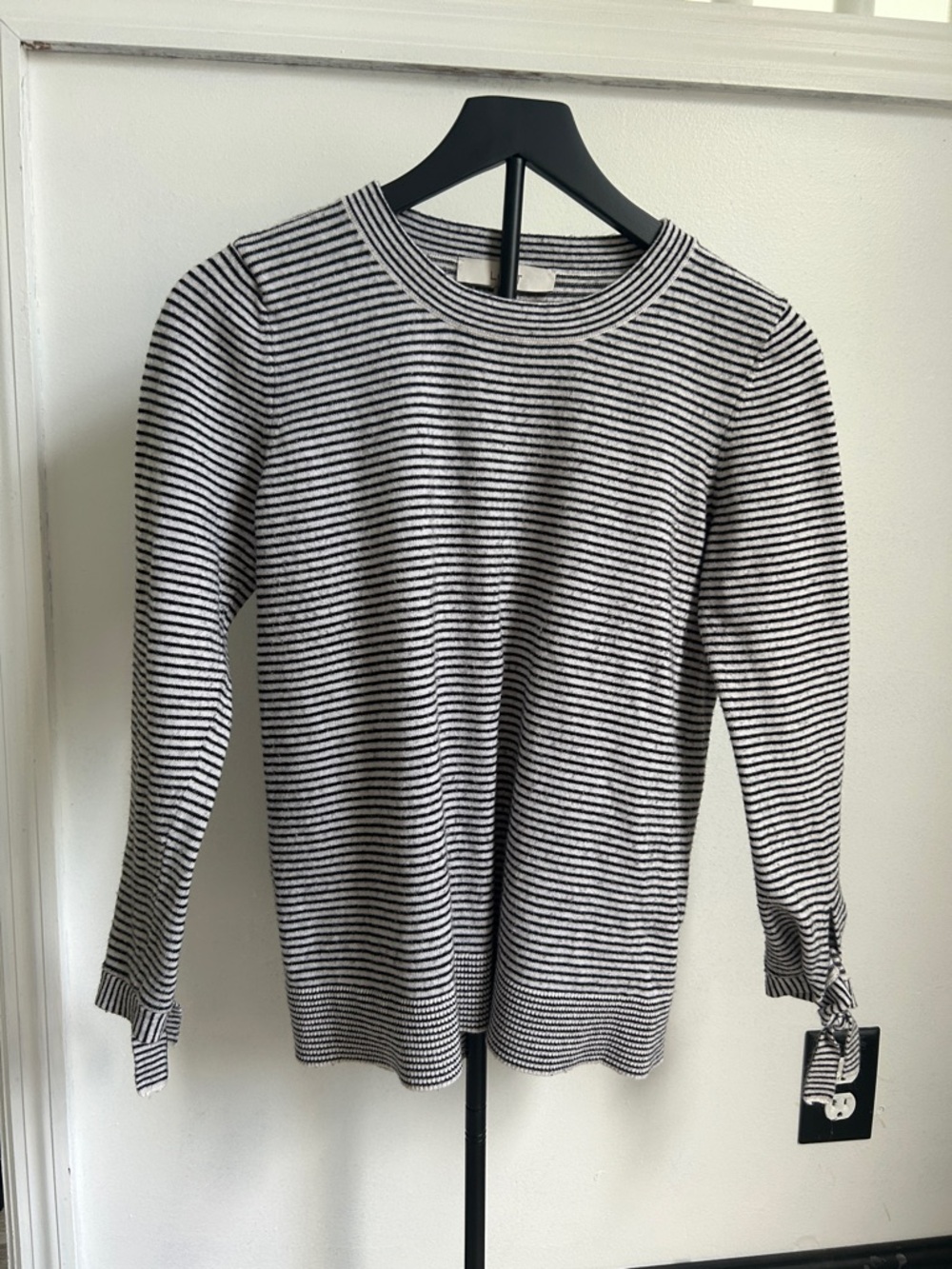 LOFT Black and White Striped Crewneck Sweater with Tie Cuffs